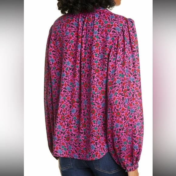 Veronica Beard Ashlynn Fuchsia Floral Silk Pintuck Blouse - Picture 4 of 9